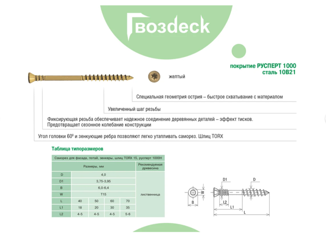 Саморез Гвозdeck/Гвоздэк Отделочный E-coating Бежевый Потайной 4,0*50 T15 Упаковка 200 шт